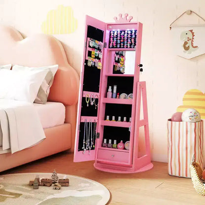 Armoire à bijoux pivotante Costway pour enfants avec lumières, miroir pleine longueur et miroir intégré