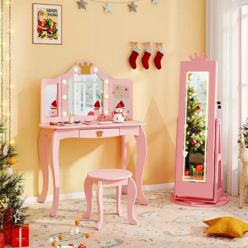 Armoire à bijoux pivotante Costway pour enfants avec lumières, miroir pleine longueur et miroir intégré