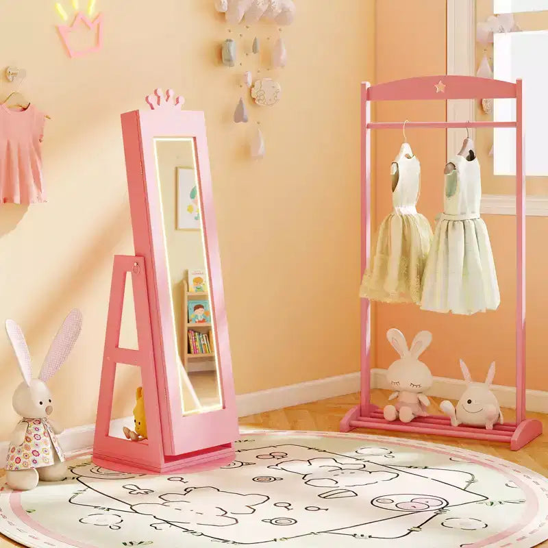 Armoire à bijoux pivotante Costway pour enfants avec lumières, miroir pleine longueur et miroir intégré