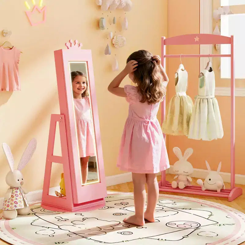 Armoire à bijoux pivotante Costway pour enfants avec lumières, miroir pleine longueur et miroir intégré