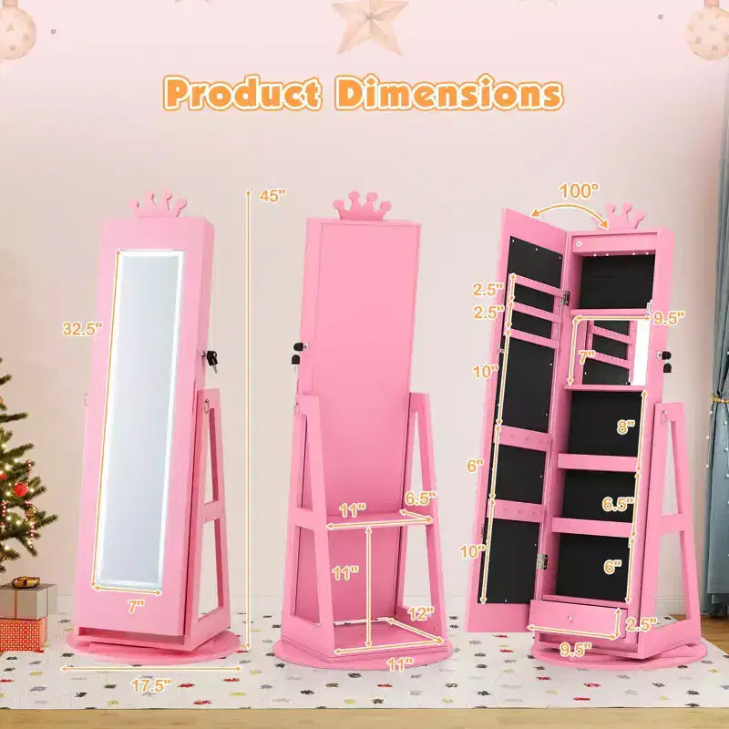 Armoire à bijoux pivotante Costway pour enfants avec lumières, miroir pleine longueur et miroir intégré