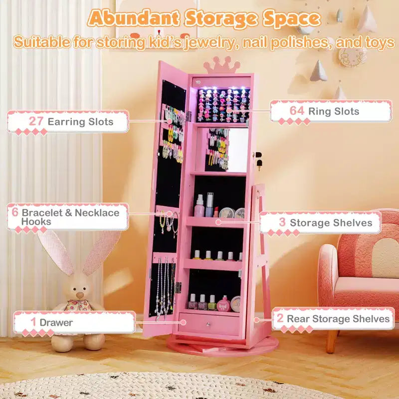 Armoire à bijoux pivotante Costway pour enfants avec lumières, miroir pleine longueur et miroir intégré