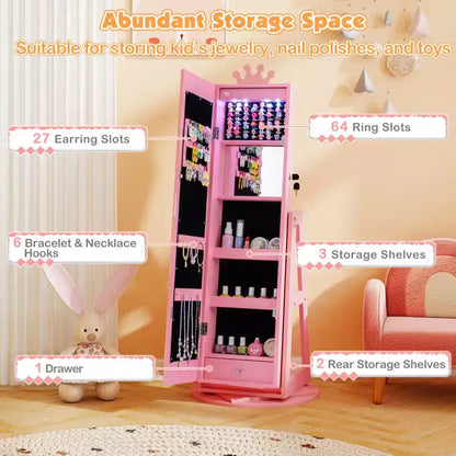 Armoire à bijoux pivotante Costway pour enfants avec lumières, miroir pleine longueur et miroir intégré