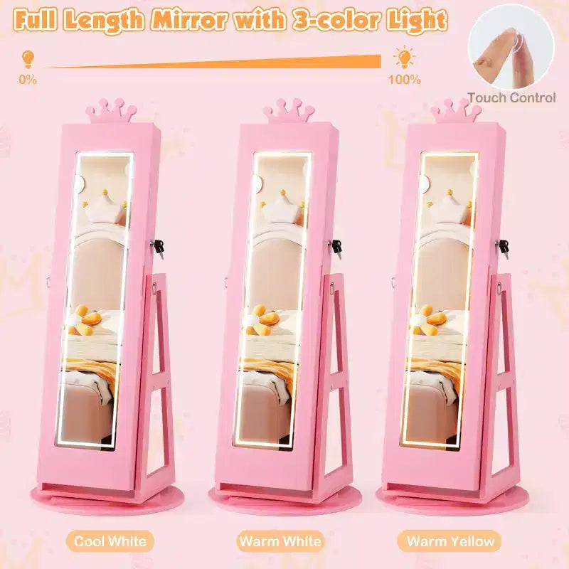 Armoire à bijoux pivotante Costway pour enfants avec lumières, miroir pleine longueur et miroir intégré
