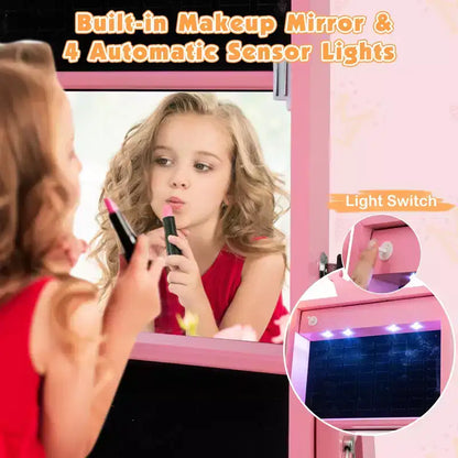 Armoire à bijoux pivotante Costway pour enfants avec lumières, miroir pleine longueur et miroir intégré