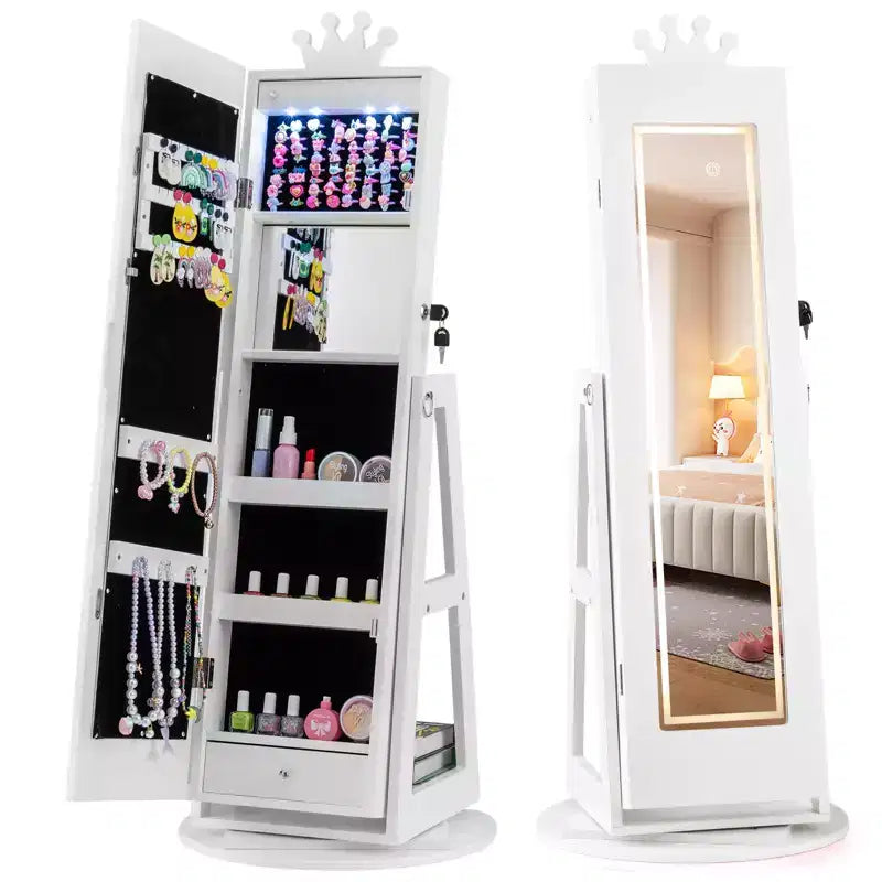 Armoire à bijoux pivotante Costway pour enfants avec lumières, miroir pleine longueur et miroir intégré