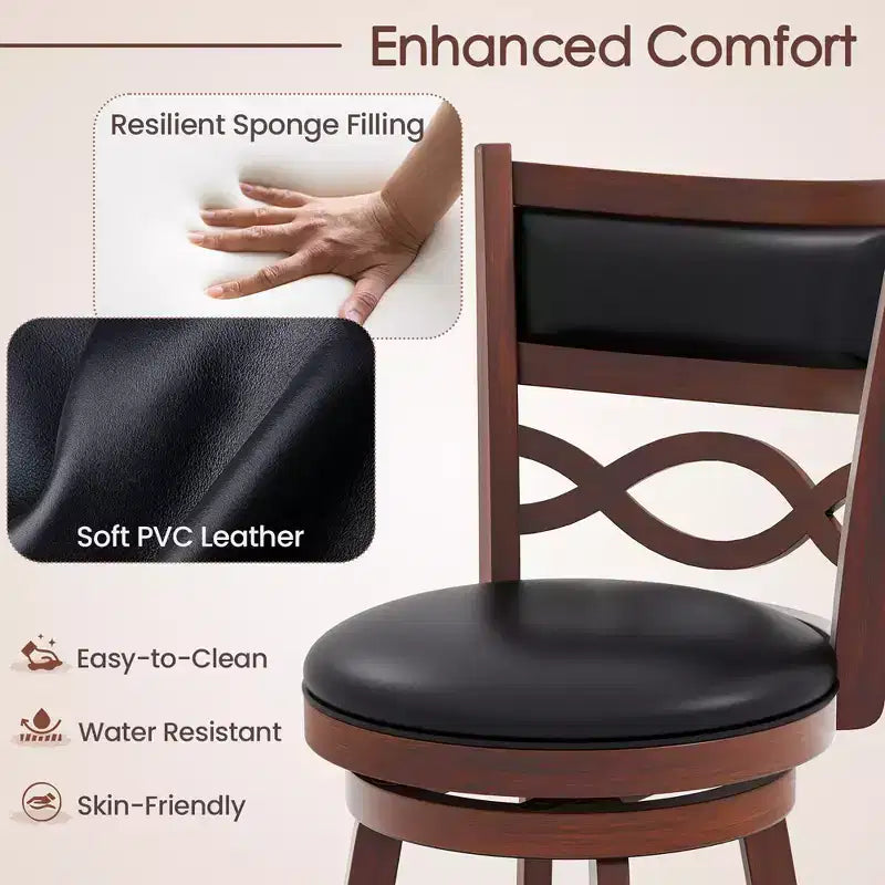 Costway 29 Bar Height Stools Set of 2 w/Rubber Wood Frame Faux Leather Upholstered Seat