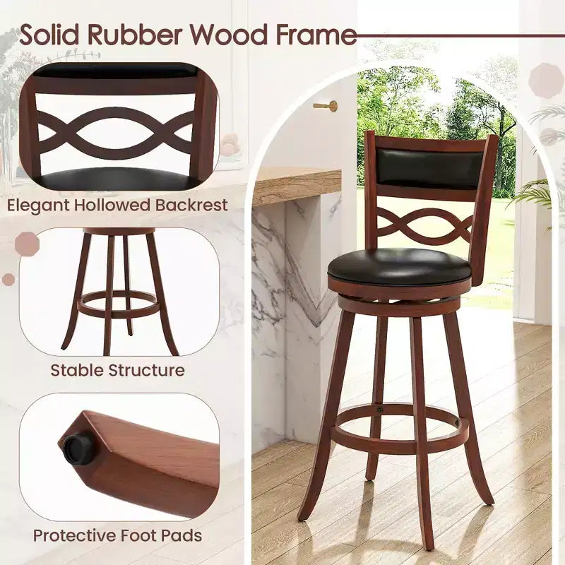 Costway 29 Bar Height Stools Set of 2 w/Rubber Wood Frame Faux Leather Upholstered Seat