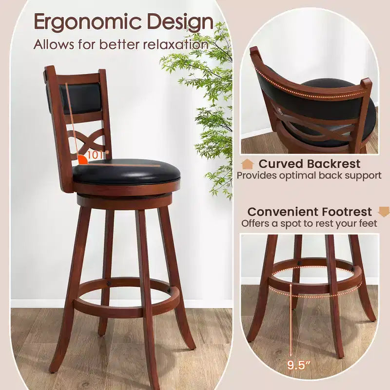 Costway 29 Bar Height Stools Set of 2 w/Rubber Wood Frame Faux Leather Upholstered Seat