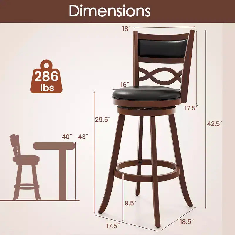 Costway 29 Bar Height Stools Set of 2 w/Rubber Wood Frame Faux Leather Upholstered Seat