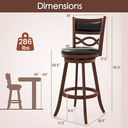 Costway 29 Bar Height Stools Set of 2 w/Rubber Wood Frame Faux Leather Upholstered Seat