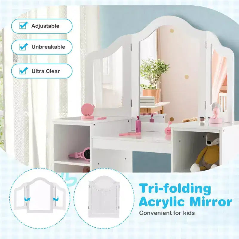Coiffeuse Costway 2 en 1 pour enfants, ensemble bureau et chaise de princesse, miroir triptyque sécurisé