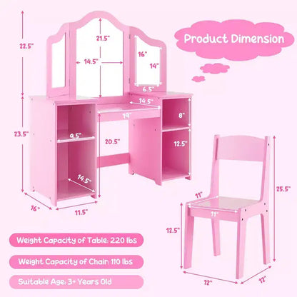 Coiffeuse Costway 2 en 1 pour enfants, ensemble bureau et chaise de princesse, miroir triptyque sécurisé