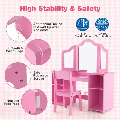Coiffeuse Costway 2 en 1 pour enfants, ensemble bureau et chaise de princesse, miroir triptyque sécurisé