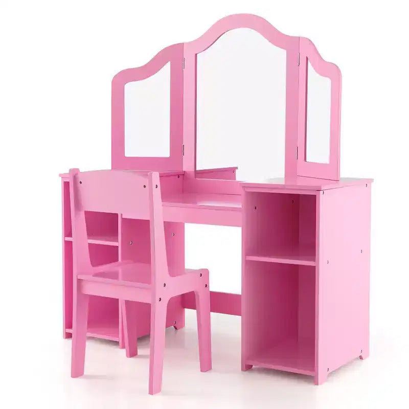 Coiffeuse Costway 2 en 1 pour enfants, ensemble bureau et chaise de princesse, miroir triptyque sécurisé