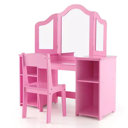 Coiffeuse Costway 2 en 1 pour enfants, ensemble bureau et chaise de princesse, miroir triptyque sécurisé