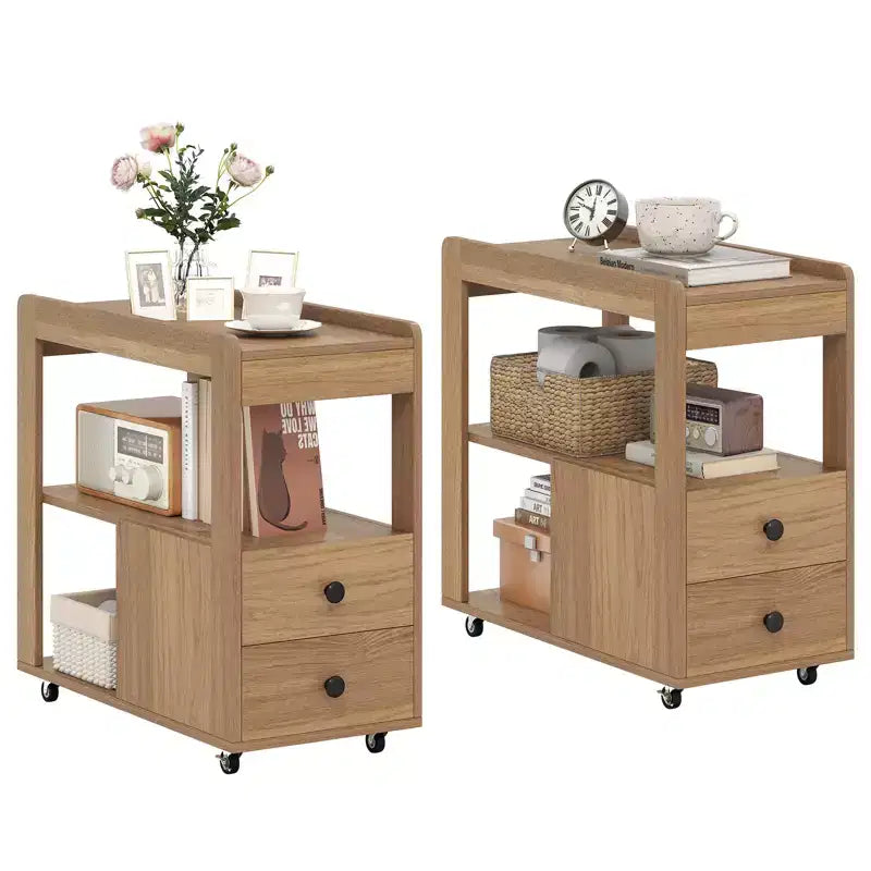 Costway 2 PCS Narrow End Table Modern 2-Drawer Sofa Side Table w/ Open Shelves Nightstand