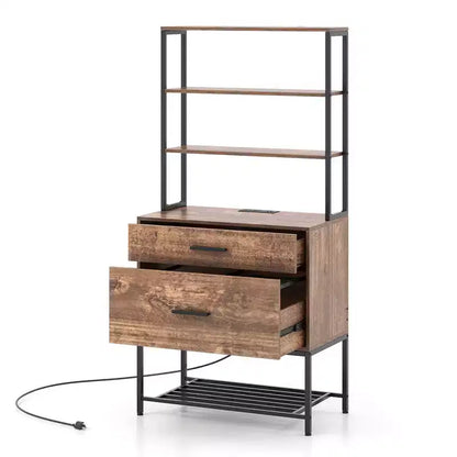Meuble de classement Costway avec station de charge, étagères ouvertes à 3 niveaux et grand tiroir, marron rustique compatible