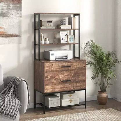 Meuble de classement Costway avec station de charge, étagères ouvertes à 3 niveaux et grand tiroir, marron rustique compatible