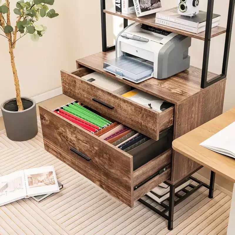 Meuble de classement Costway avec station de charge, étagères ouvertes à 3 niveaux et grand tiroir, marron rustique compatible
