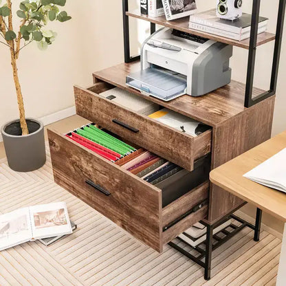 Meuble de classement Costway avec station de charge, étagères ouvertes à 3 niveaux et grand tiroir, marron rustique compatible