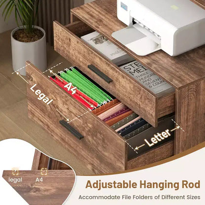 Meuble de classement Costway avec station de charge, étagères ouvertes à 3 niveaux et grand tiroir, marron rustique compatible