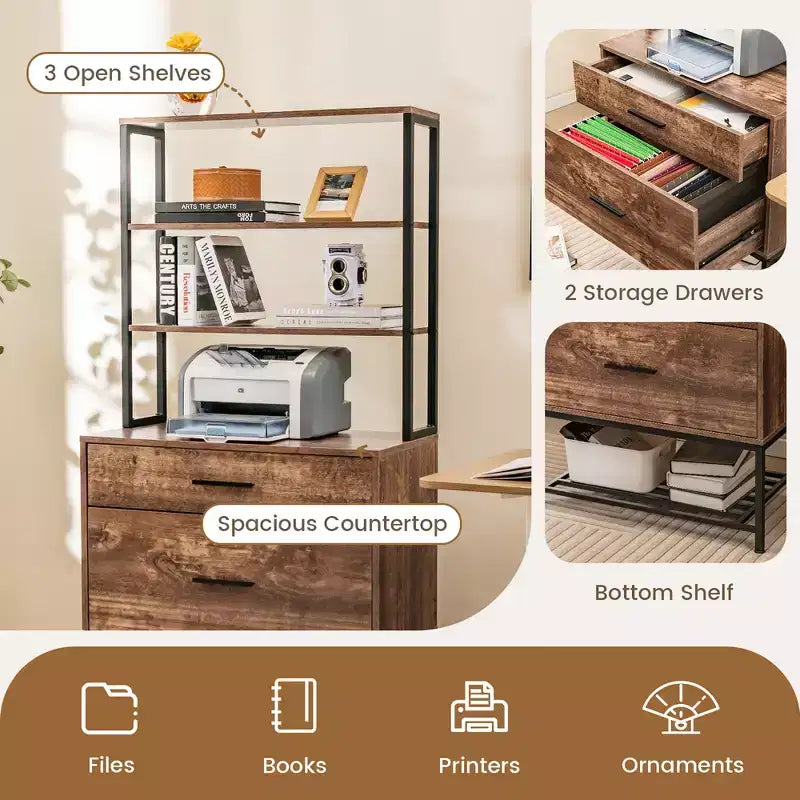 Meuble de classement Costway avec station de charge, étagères ouvertes à 3 niveaux et grand tiroir, marron rustique compatible