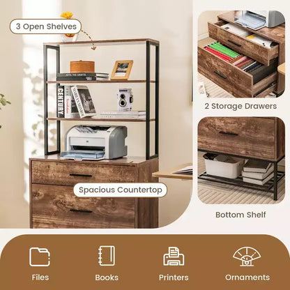 Meuble de classement Costway avec station de charge, étagères ouvertes à 3 niveaux et grand tiroir, marron rustique compatible