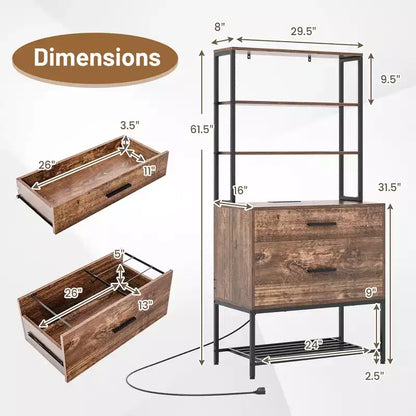 Meuble de classement Costway avec station de charge, étagères ouvertes à 3 niveaux et grand tiroir, marron rustique compatible