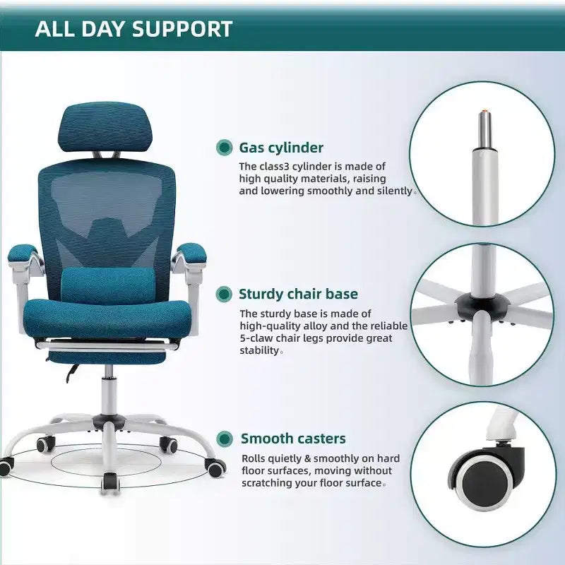 Fauteuil de bureau ergonomique TUYOHW avec repose-pieds, chaise de bureau en maille à dossier haut avec appui-tête réglable et support lombaire pour le bureau à domicile, capacité de 125 kg
