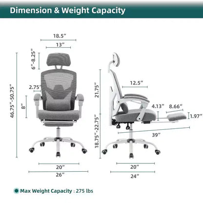 Fauteuil de bureau ergonomique TUYOHW avec repose-pieds, chaise de bureau en maille à dossier haut avec appui-tête réglable et support lombaire pour le bureau à domicile, capacité de 125 kg