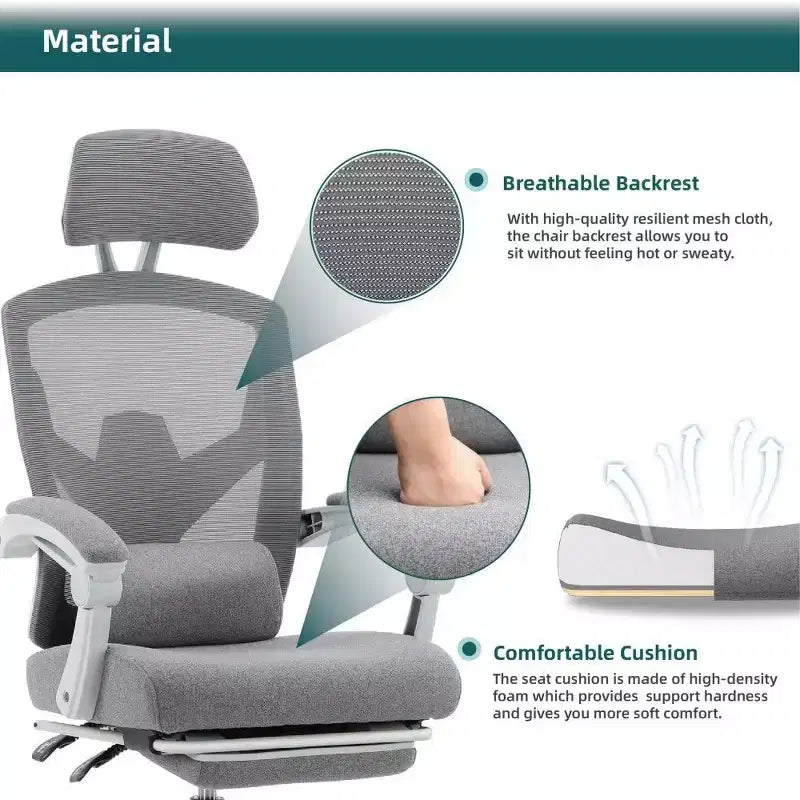 Fauteuil de bureau ergonomique TUYOHW avec repose-pieds, chaise de bureau en maille à dossier haut avec appui-tête réglable et support lombaire pour le bureau à domicile, capacité de 125 kg