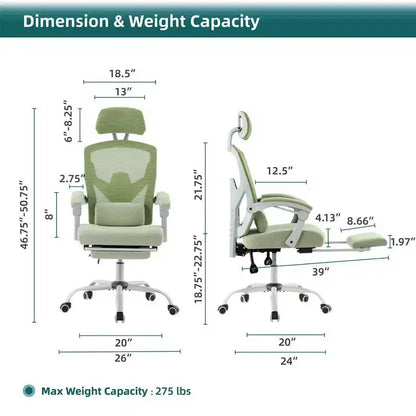 Fauteuil de bureau ergonomique TUYOHW avec repose-pieds, chaise de bureau en maille à dossier haut avec appui-tête réglable et support lombaire pour le bureau à domicile, capacité de 125 kg