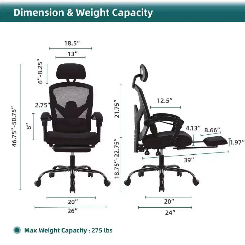 Fauteuil de bureau ergonomique TUYOHW avec repose-pieds, chaise de bureau en maille à dossier haut avec appui-tête réglable et support lombaire pour le bureau à domicile, capacité de 125 kg