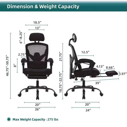 Fauteuil de bureau ergonomique TUYOHW avec repose-pieds, chaise de bureau en maille à dossier haut avec appui-tête réglable et support lombaire pour le bureau à domicile, capacité de 125 kg