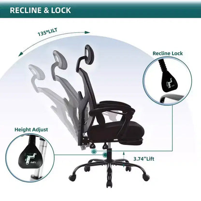 Fauteuil de bureau ergonomique TUYOHW avec repose-pieds, chaise de bureau en maille à dossier haut avec appui-tête réglable et support lombaire pour le bureau à domicile, capacité de 125 kg
