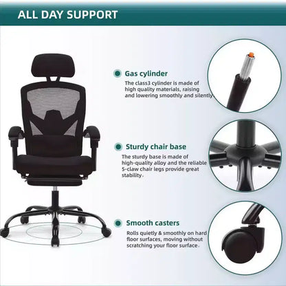 Fauteuil de bureau ergonomique TUYOHW avec repose-pieds, chaise de bureau en maille à dossier haut avec appui-tête réglable et support lombaire pour le bureau à domicile, capacité de 125 kg