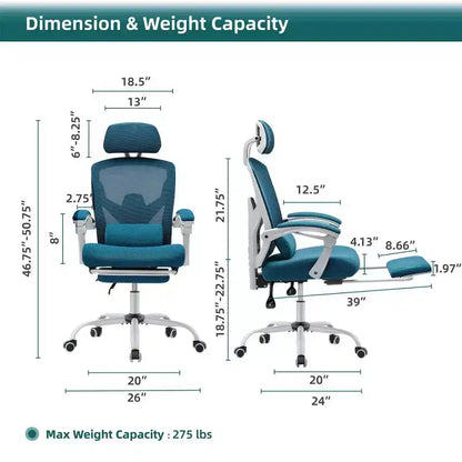 Fauteuil de bureau ergonomique TUYOHW avec repose-pieds, chaise de bureau en maille à dossier haut avec appui-tête réglable et support lombaire pour le bureau à domicile, capacité de 125 kg
