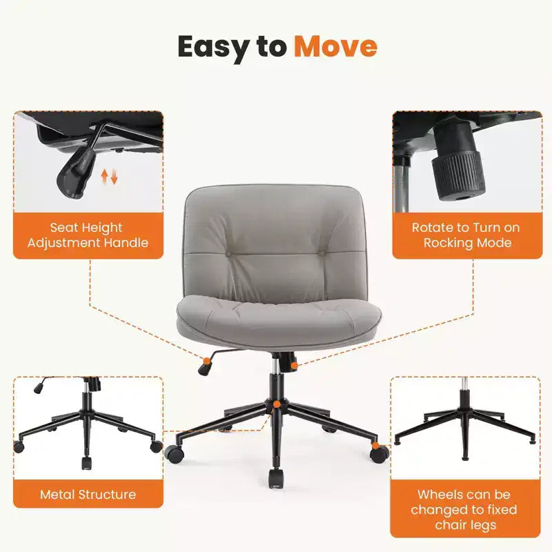 TUYOHW PU Leather Swivel Criss Cross Chair on Wheels,Office Chair with Adjustable Height and Lumbar Support,Armless Gaming Chair for Office