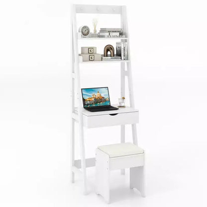 Costway Vanity Desk w/ Flip-up Mirror and Stool w/ 3-Color Lighting 6 Compartments