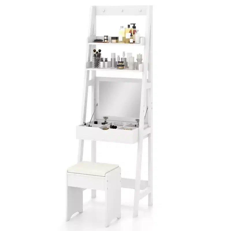 Coiffeuse Costway avec miroir relevable et tabouret, éclairage 3 couleurs et 6 compartiments