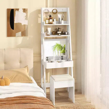 Coiffeuse Costway avec miroir relevable et tabouret, éclairage 3 couleurs et 6 compartiments