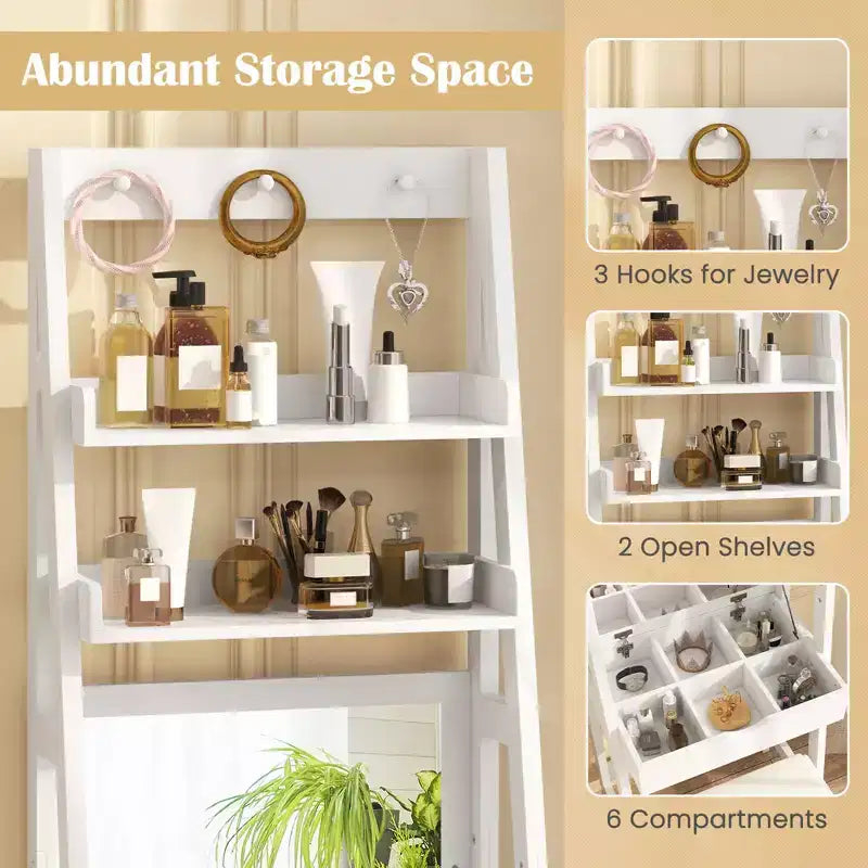 Coiffeuse Costway avec miroir relevable et tabouret, éclairage 3 couleurs et 6 compartiments