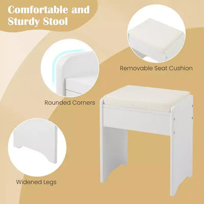 Coiffeuse Costway avec miroir relevable et tabouret, éclairage 3 couleurs et 6 compartiments