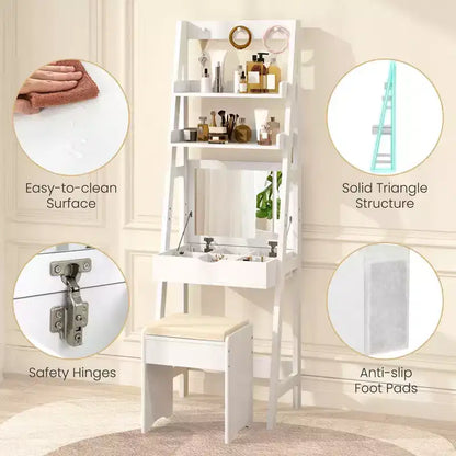 Coiffeuse Costway avec miroir relevable et tabouret, éclairage 3 couleurs et 6 compartiments
