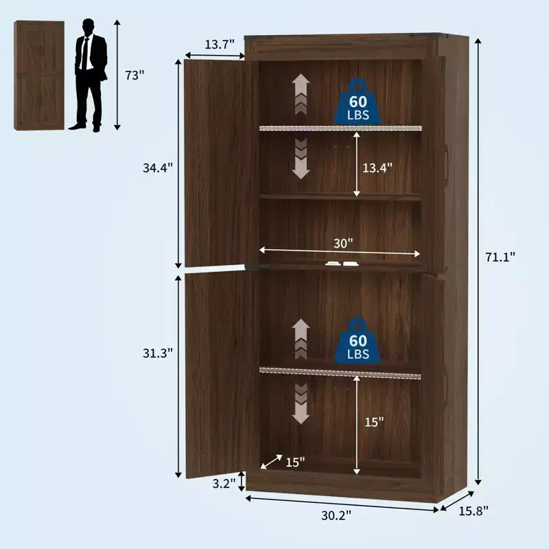 71 Tall Kitchen Pantry Cabinet, Freestanding Cupboard Storage Cabinet with Adjustable Shelves, Wooden Coffee Bar Cabinet for Living Room Kitchen