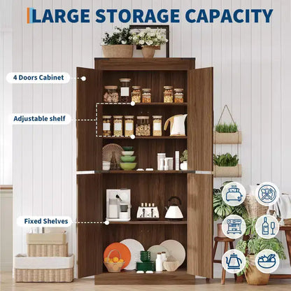 71 Tall Kitchen Pantry Cabinet, Freestanding Cupboard Storage Cabinet with Adjustable Shelves, Wooden Coffee Bar Cabinet for Living Room Kitchen