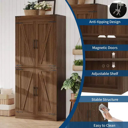 71 Tall Kitchen Pantry Cabinet, Freestanding Cupboard Storage Cabinet with Adjustable Shelves, Wooden Coffee Bar Cabinet for Living Room Kitchen