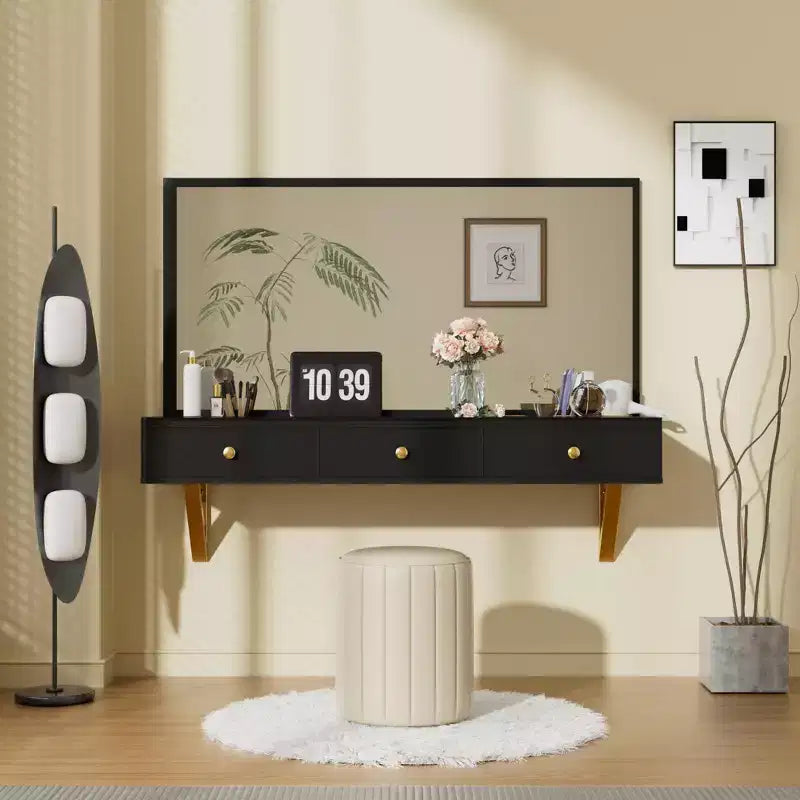 Okak Multi-Purpose Wall-Mounted Vanity Desk with Drawer, Makeup Vanity with Glass Tabletop, Compact Vanity for Bedroom, Hairdressers