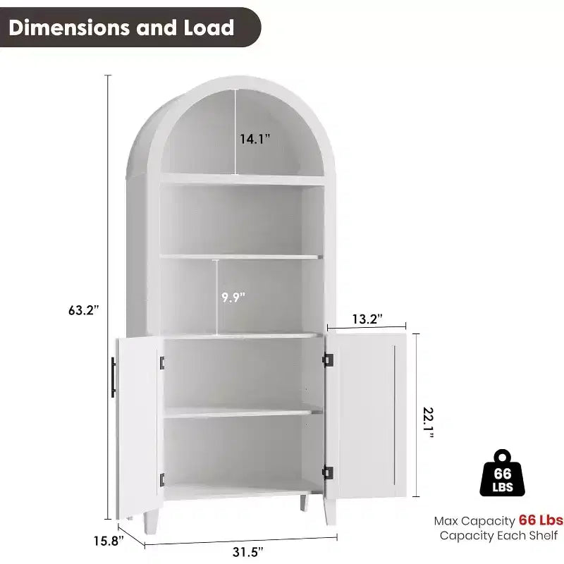 Arched Bookcase with Doors - 5 Tier Open Display Shelf with Rattan Decor, Modern Bookshelf Storage Cabinet for Home Office Living Room Library